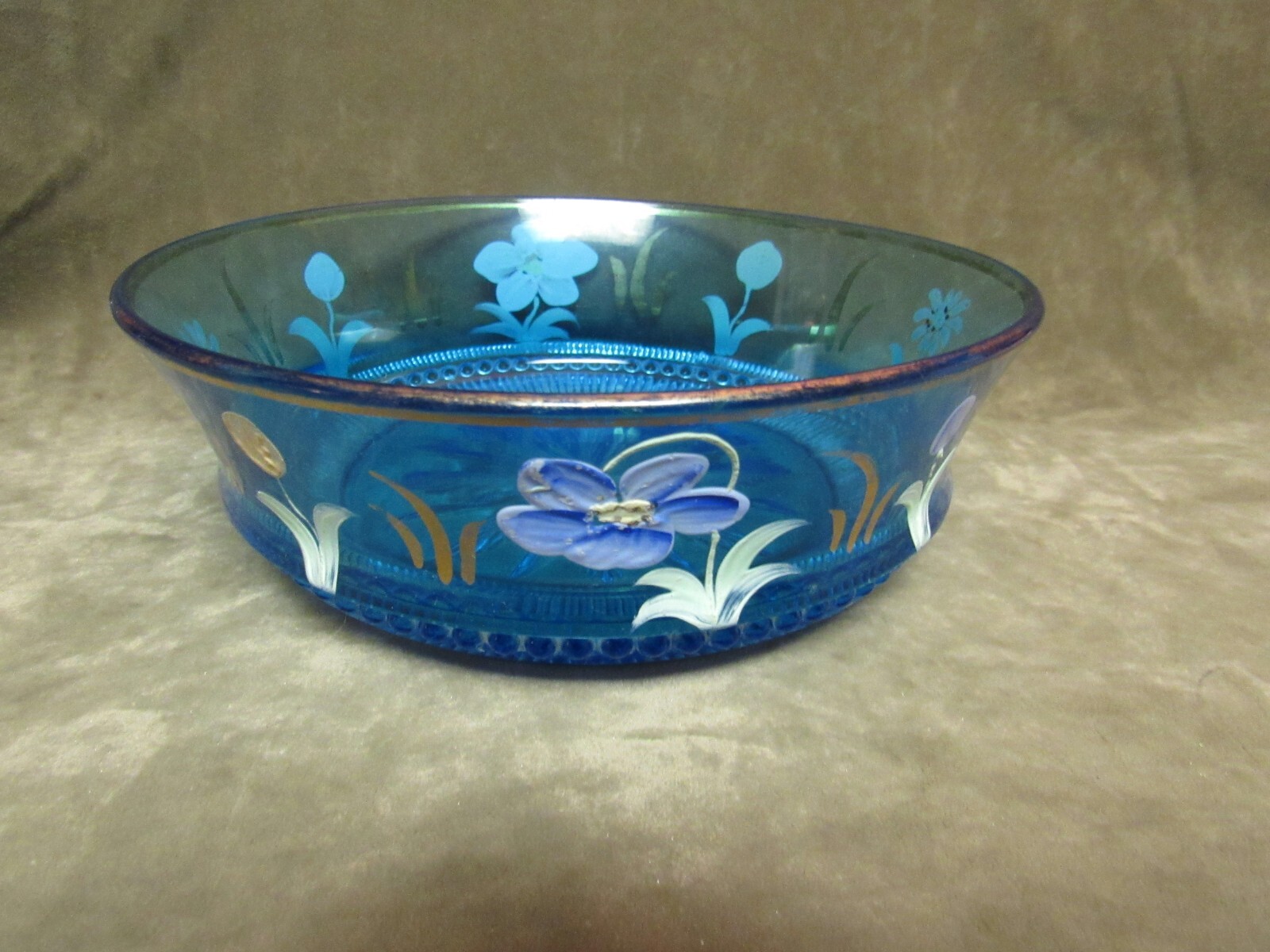 1880’s Victorian hand Decorated Floral Motif Blue Pressed Pattern Glass Bowl