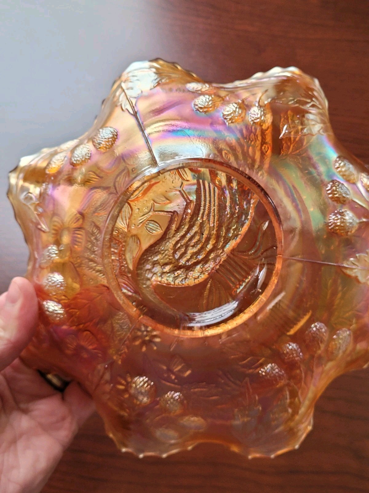 Pretty Dark Marigold Fenton Carnival Glass Peacock & Urn Pattern Bowl