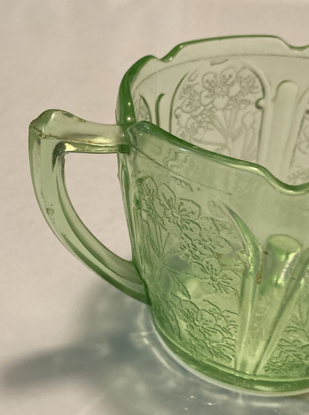 Depression Glass Green Creamer And Sugar Bowl Cherry Blossom Jeanette Glass Co.