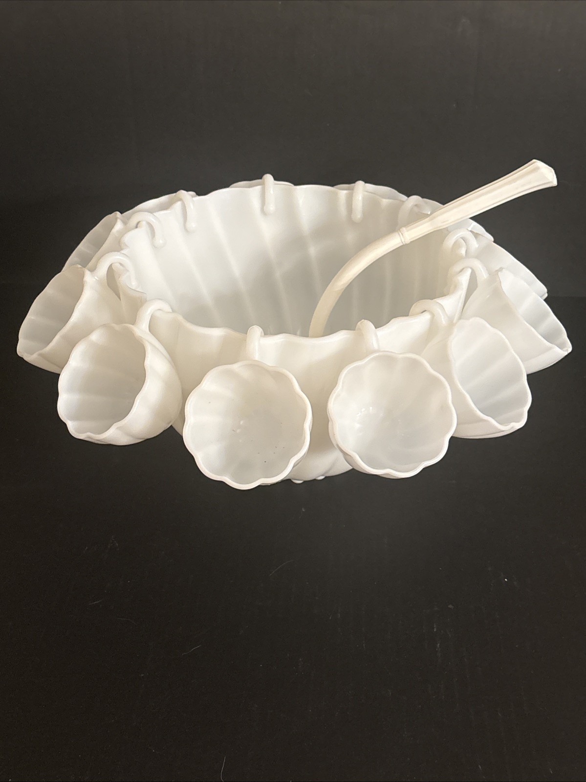 Vtg Hazel Atlas Milk Glass Alpine White Swirl Punch Bowl 12 Cups W Vtg Ladle