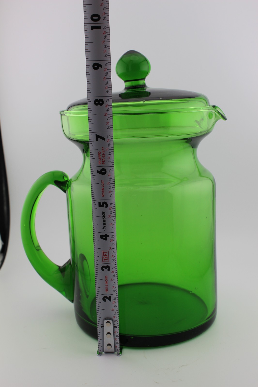 Hand-Blown Glass Drink Pitcher w/ Lid Forest Green MCM Applied Handle 9 3/8″ H