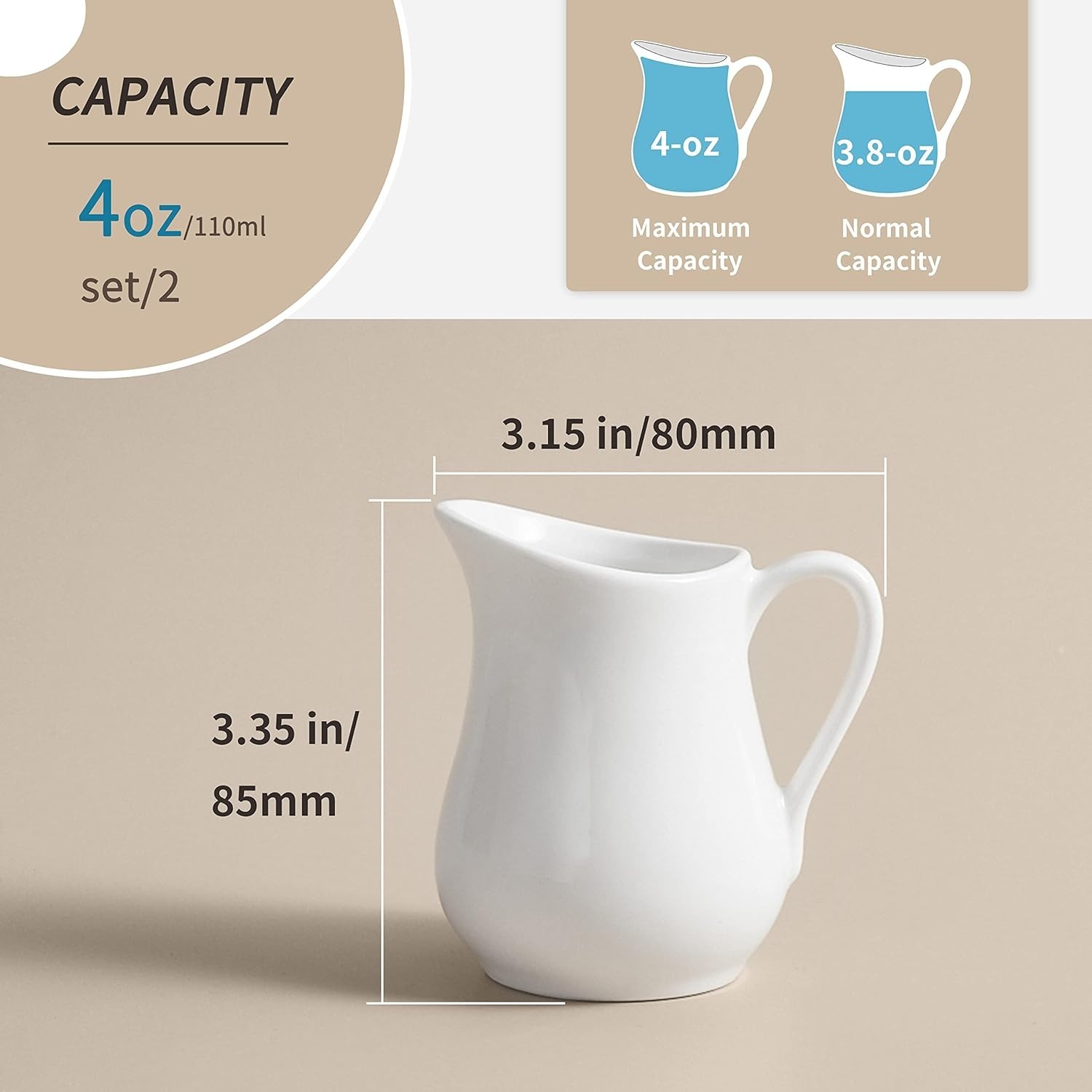 White Porcelain Milk Pitcher Set 2 PCS 4oz Creamer Containers For Coffee New USA