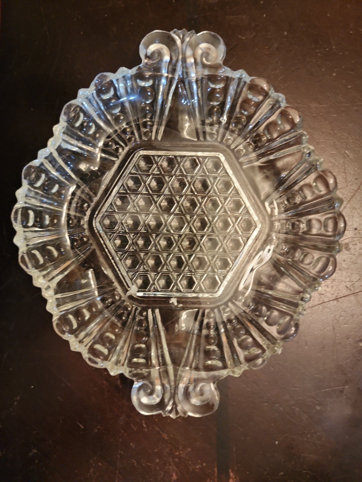 Vintage Anchor Hocking Glass Dish with Hexagon and Dot & Cane Pattern 7.5”