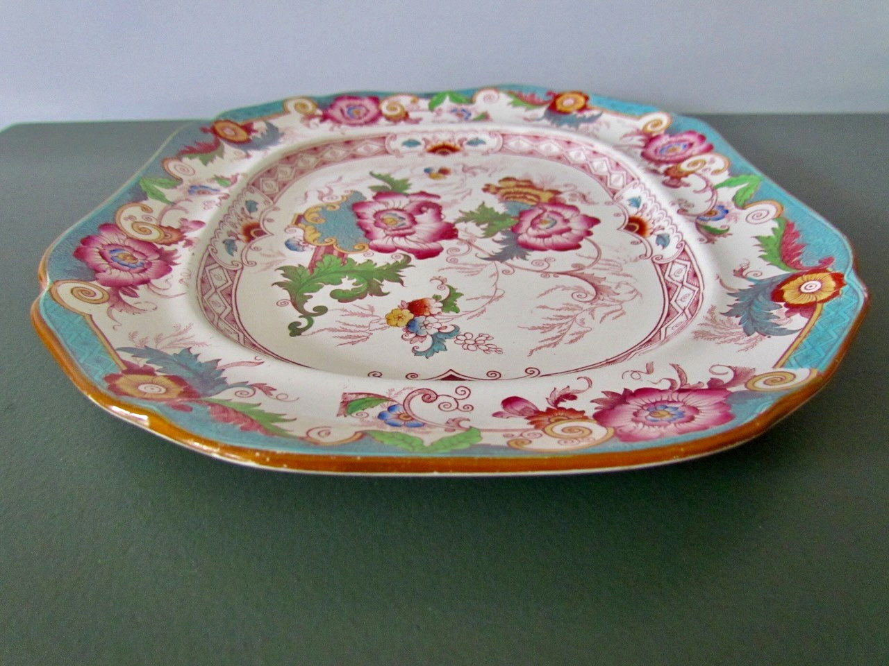 Antique Cauldon Large Platter Bentinck Turquoise Floral Transferware England