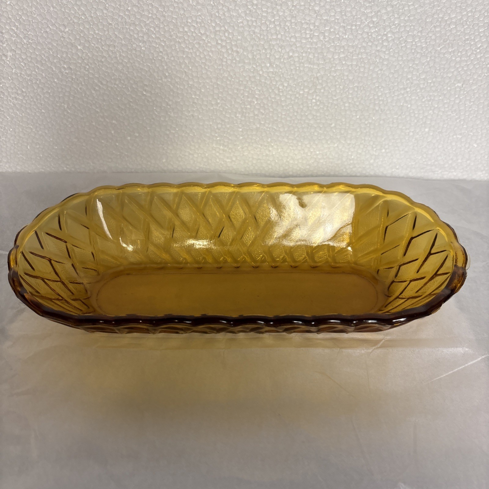 Amber Indiana Glass Oblong Celery Dish w/ raised basket weave design