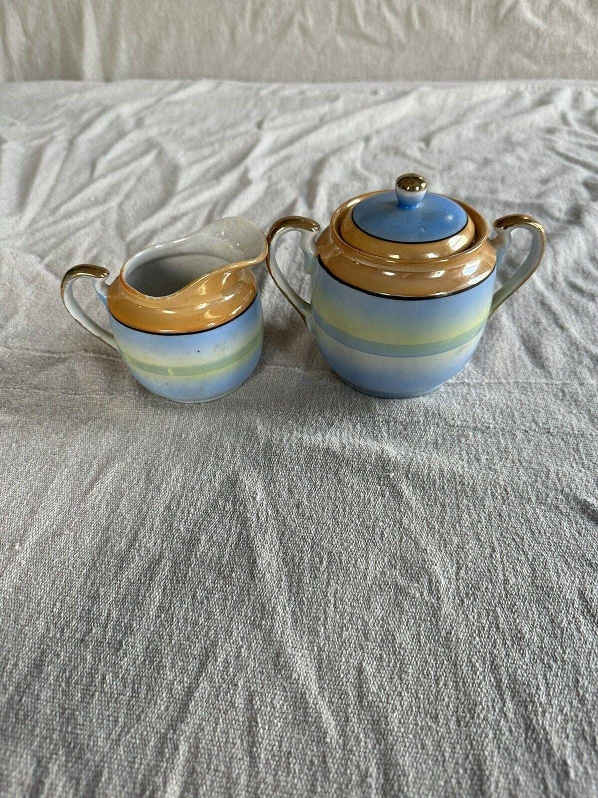 VTG Creamer and Sugar Bowl Japan Lake Trees Windmill Blue Orange Gold Trim