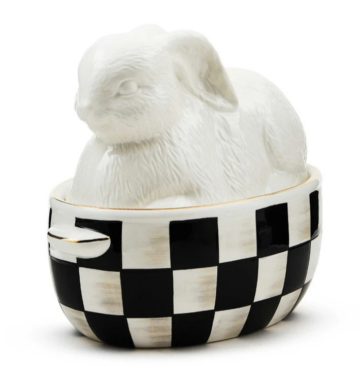 Mackenzie Childs White Rabbit Ceramic Lidded Dish Courtly Check NEW! *OPEN BOX*