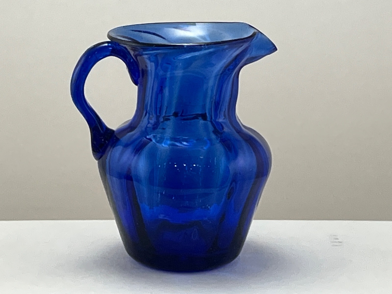 Hand Blown Cobalt Blue Swirl Glass Creamer Small Pitcher with Applied Handle 3″
