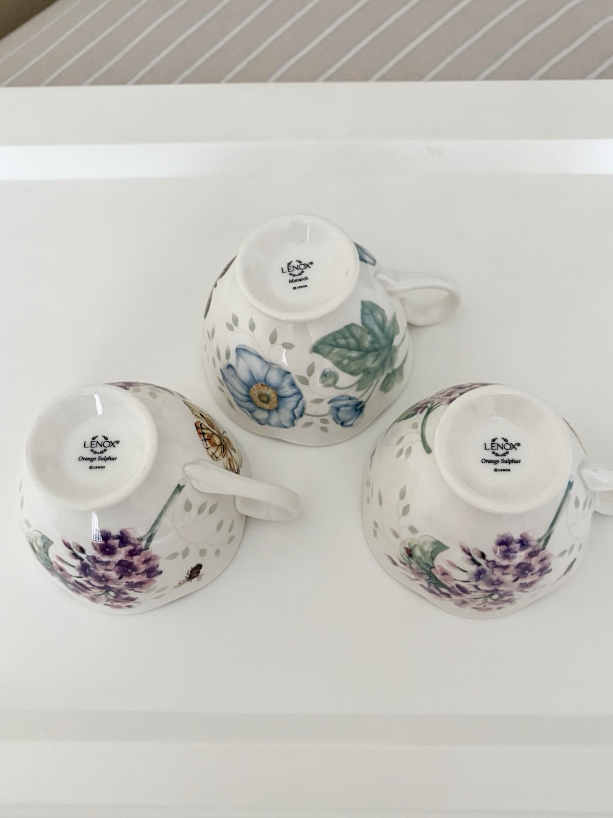 Lenox Floral Butterfly Bee Cups and Saucers Teacups Set of 3