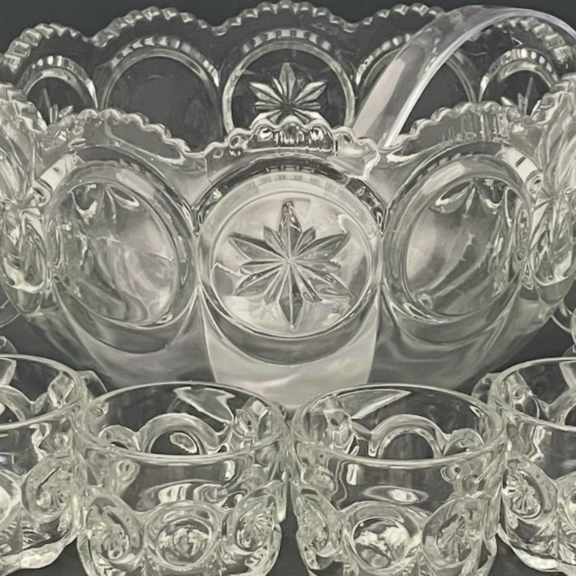 Tiffin Franciscan Moon & Stars 12pc Clear Glass Punch Bowl Set c1950s USA 4quart