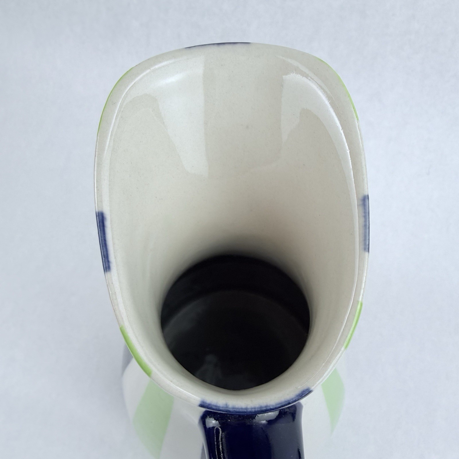 Vintage Jonathan Adler Ceramic Pitcher Pot Porter Green Blue White Stripes 9.5”
