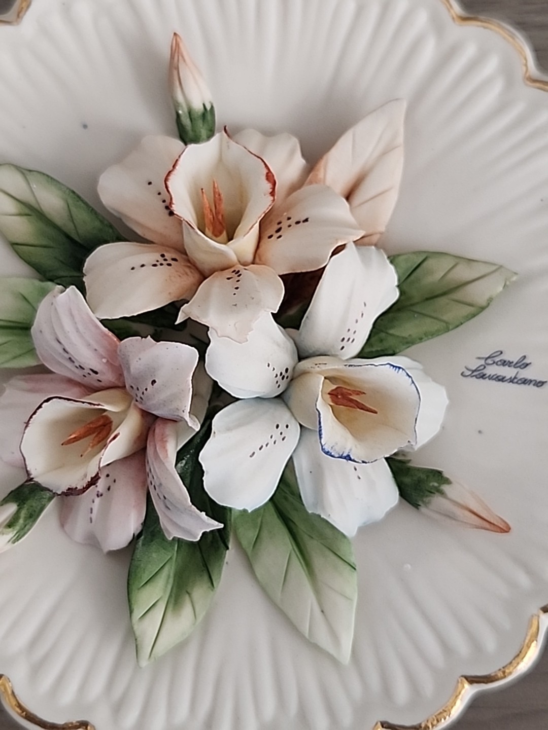 Vtg Antq Capodimonte Italy Porcelain 3D Flowers Plate Carlo Savastano 6.5″x3″