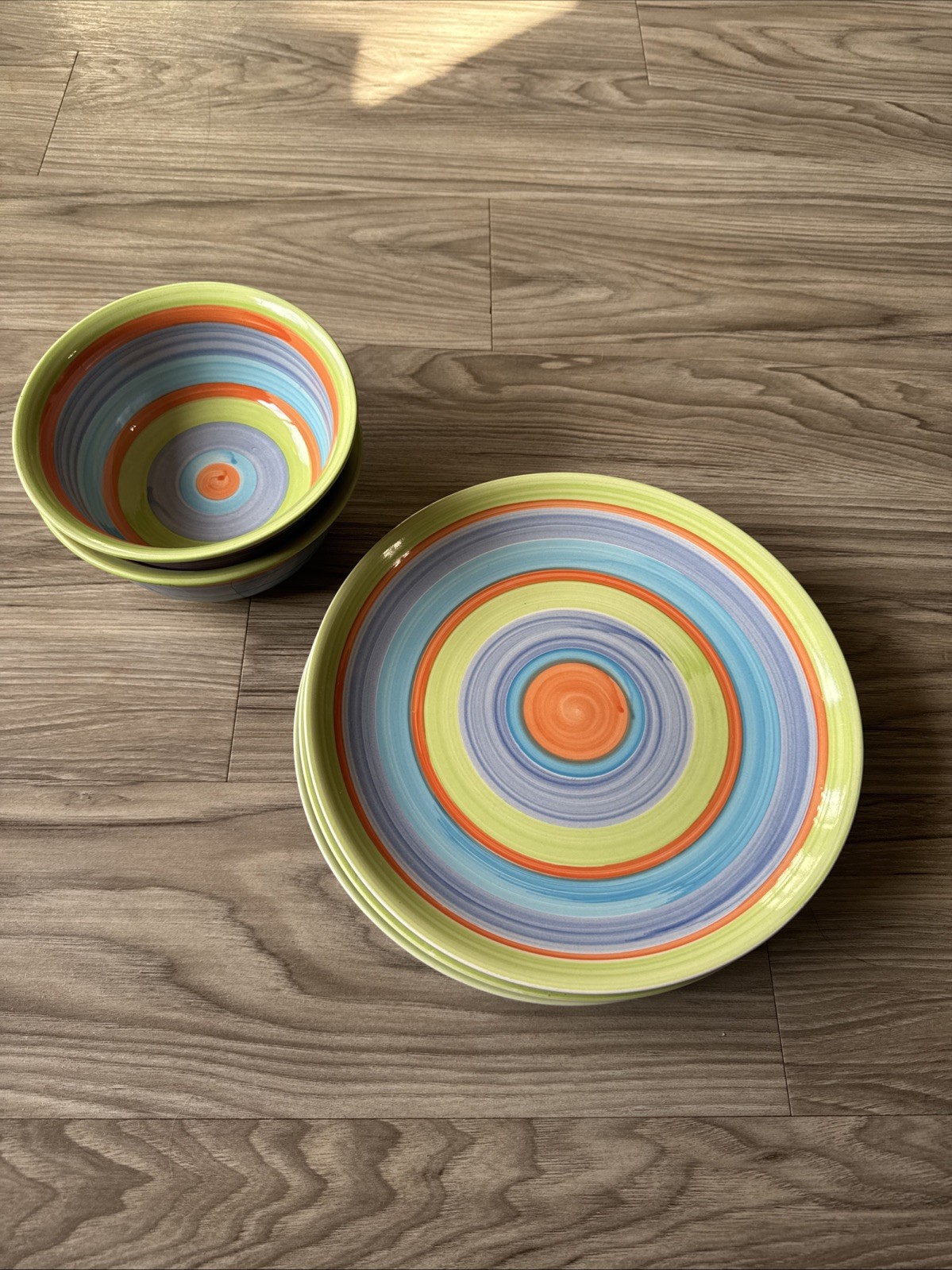 Colorful Swirl Dinner Plate Green Blue Orange Hand-Painted Ceramic 10.5 And Bowl