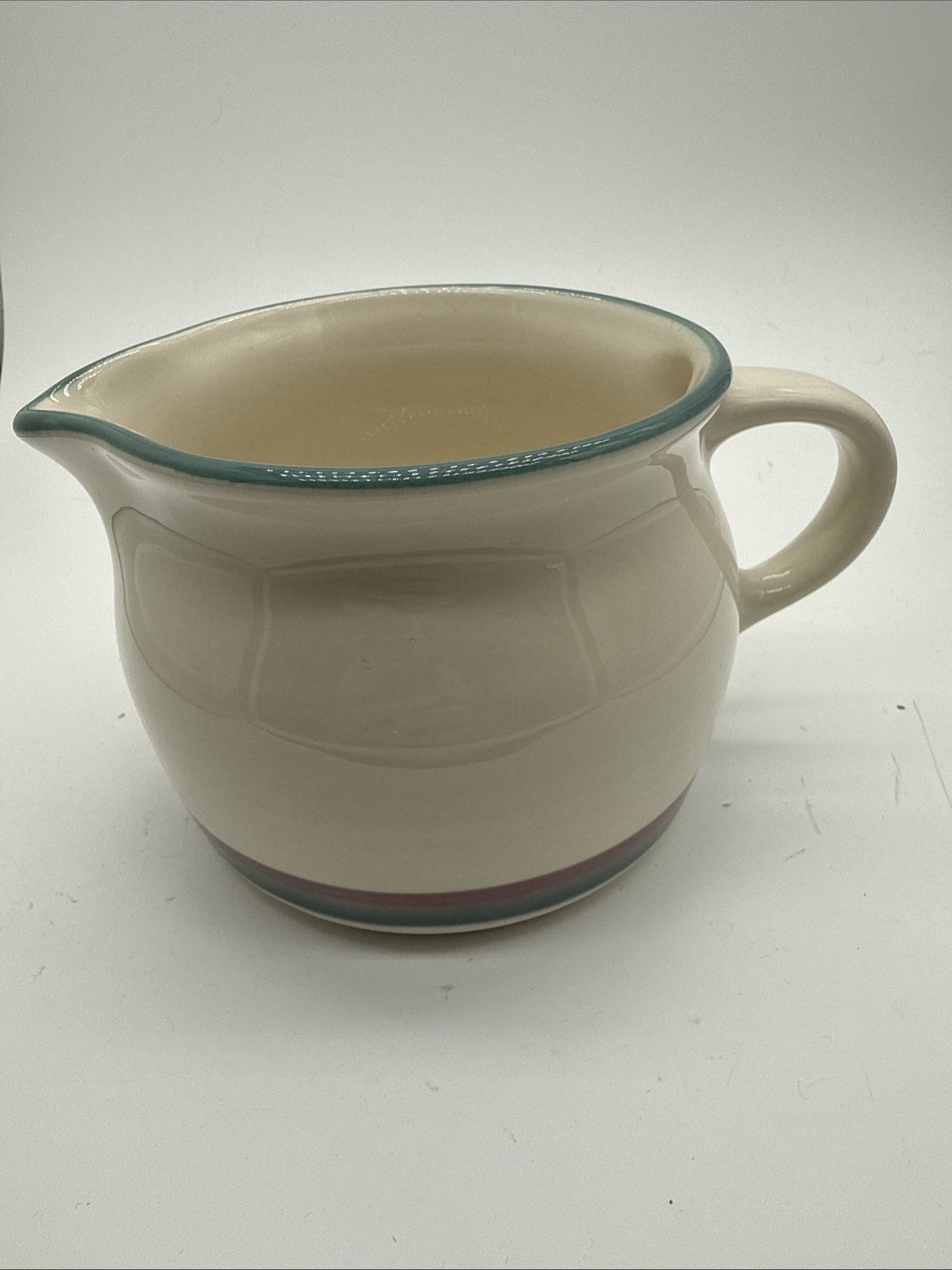 Pfaltzgraff Juniper Creamer Saucer Pitcher Ivory Green / Mauve Bands Made In USA