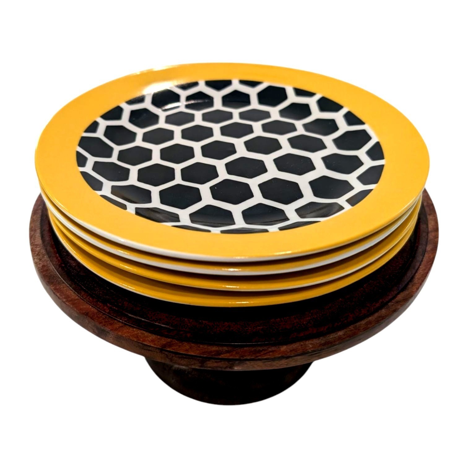 Bee-Themed Hexagon Pattern Side Plates Set Of 4 With Yellow Rim