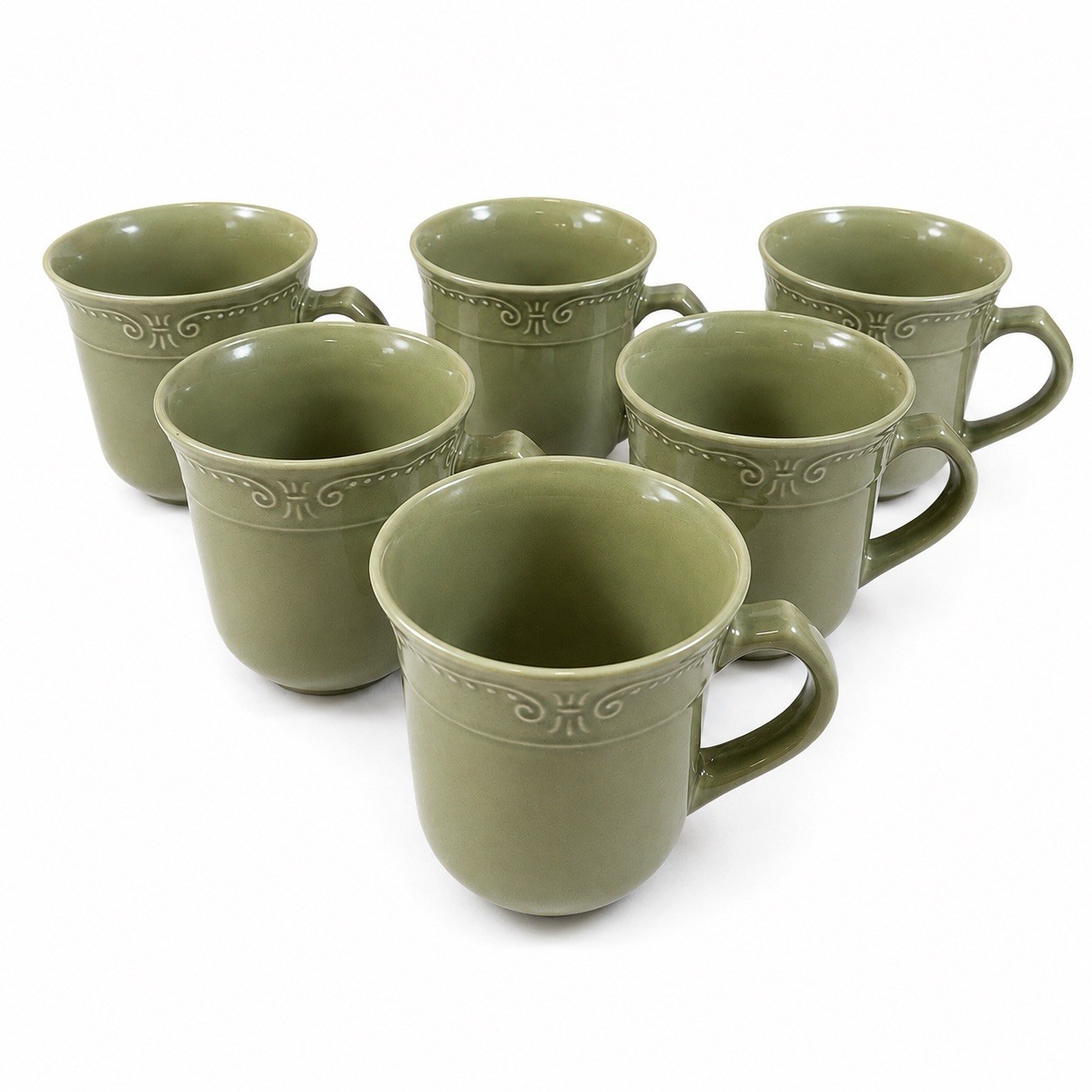 Isabella By Kennex Sage Green Stoneware Coffee Mugs Set of 6 Embossed Retired