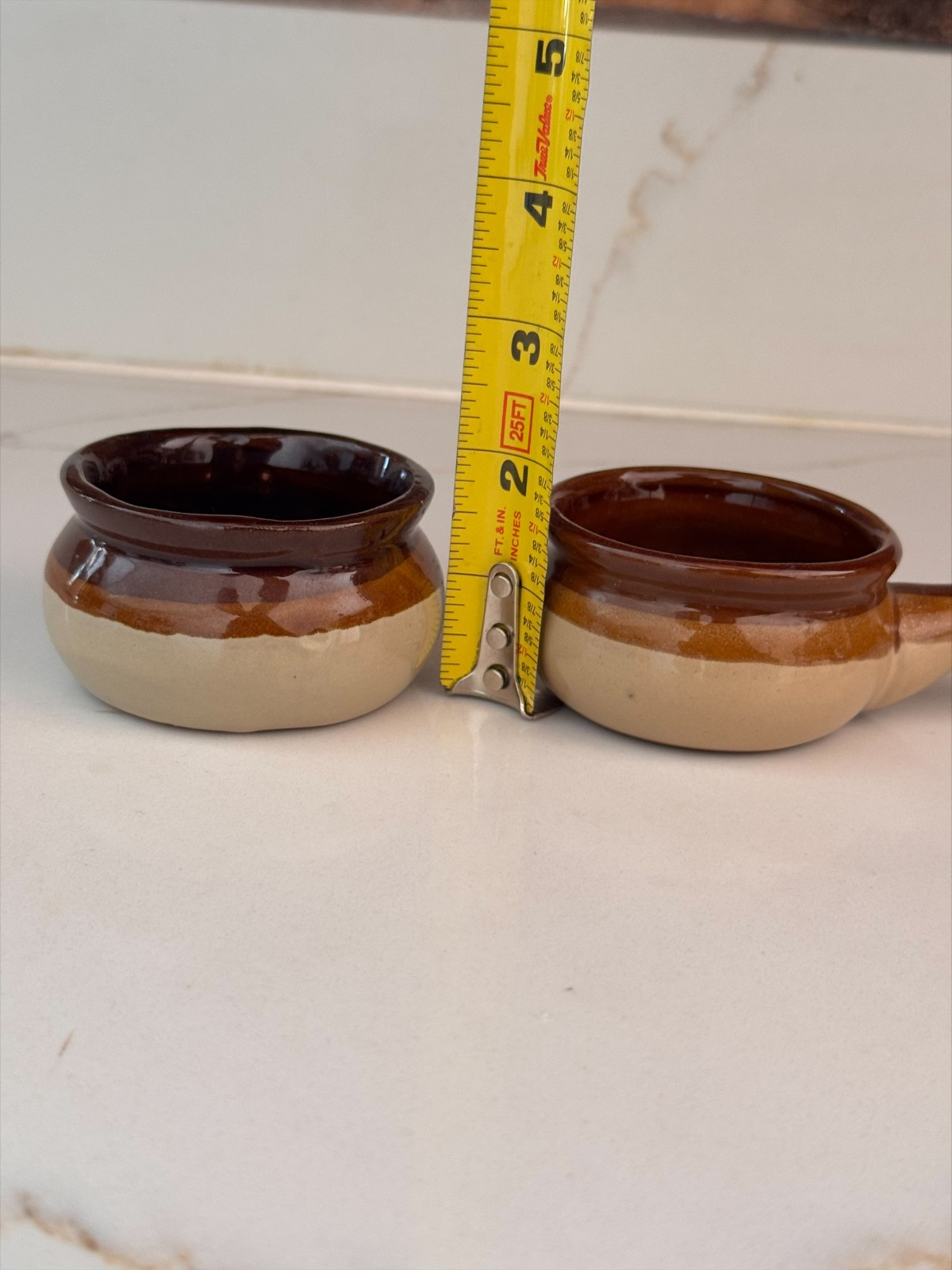 Vintage Mini Brown Drip Glaze Stoneware Bowls With Handle Crock Pot Style Set