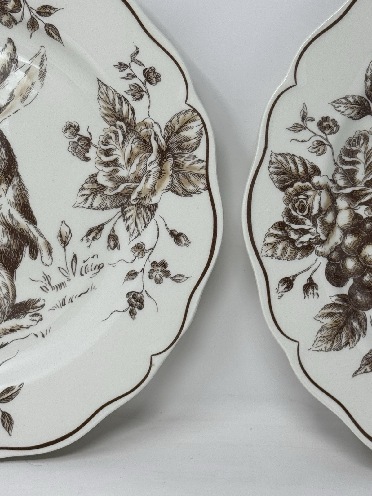 2 New Maxcera Toile Bunny Brown Rabbit Easter 11 1/2 Plates VHTF