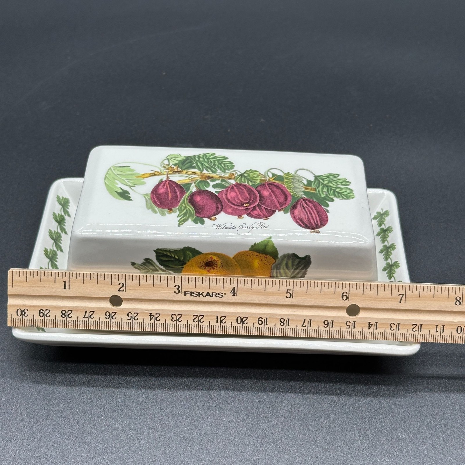 Portmeirion POMONA Wilmot’s Early Red COVERED BUTTER DISH Goddess of Fruit 2 Pc