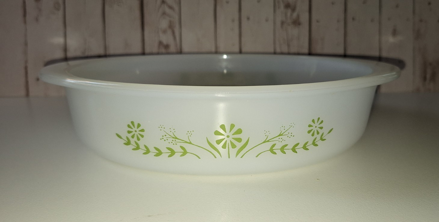 Glasbake Vintage 02429 2 Qt Milk Glass Round Baking Dish, Floral, Handles