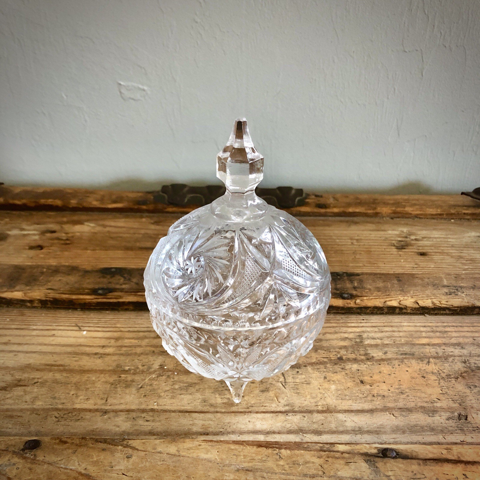 Lead Crystal Clear Cut Glass Footed Candy Trinket Dish With Lid