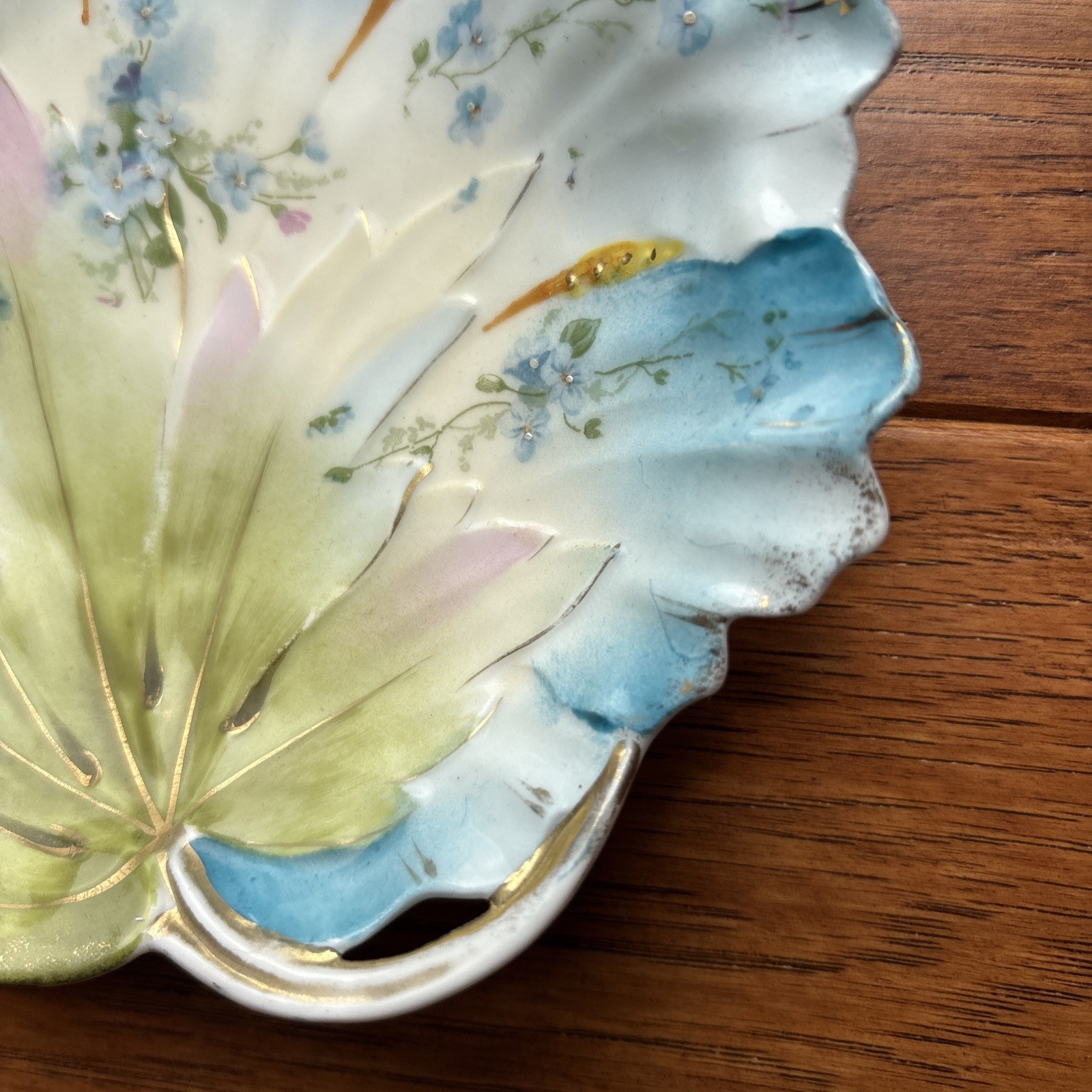 RS Prussia Leaf Serving Trinket Dish 6.5” Blue Green Hand Painted