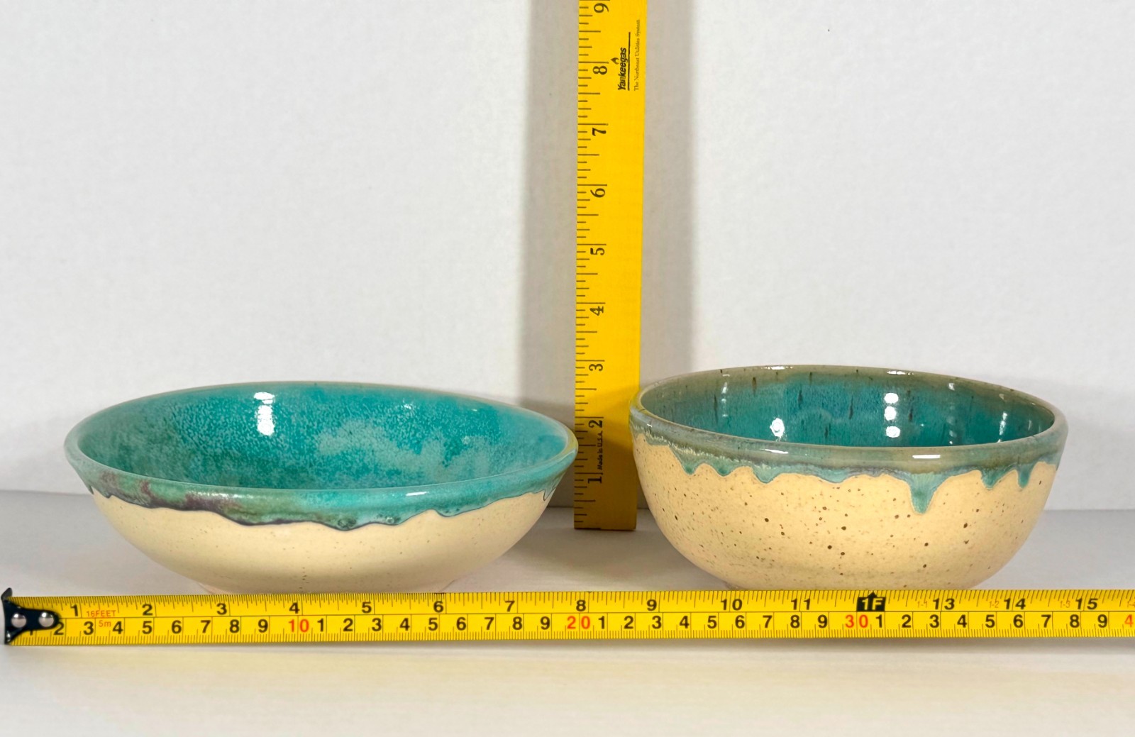 Set 5 Handmade Studio Pottery Bowls Signed D Blue Green Drip Glaze Stoneware