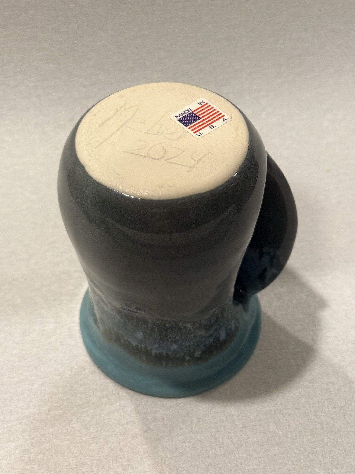 Neher Mug Hand Warmer Drip Glaze Clay in Motion Right-Handed Coffee Signed 2024