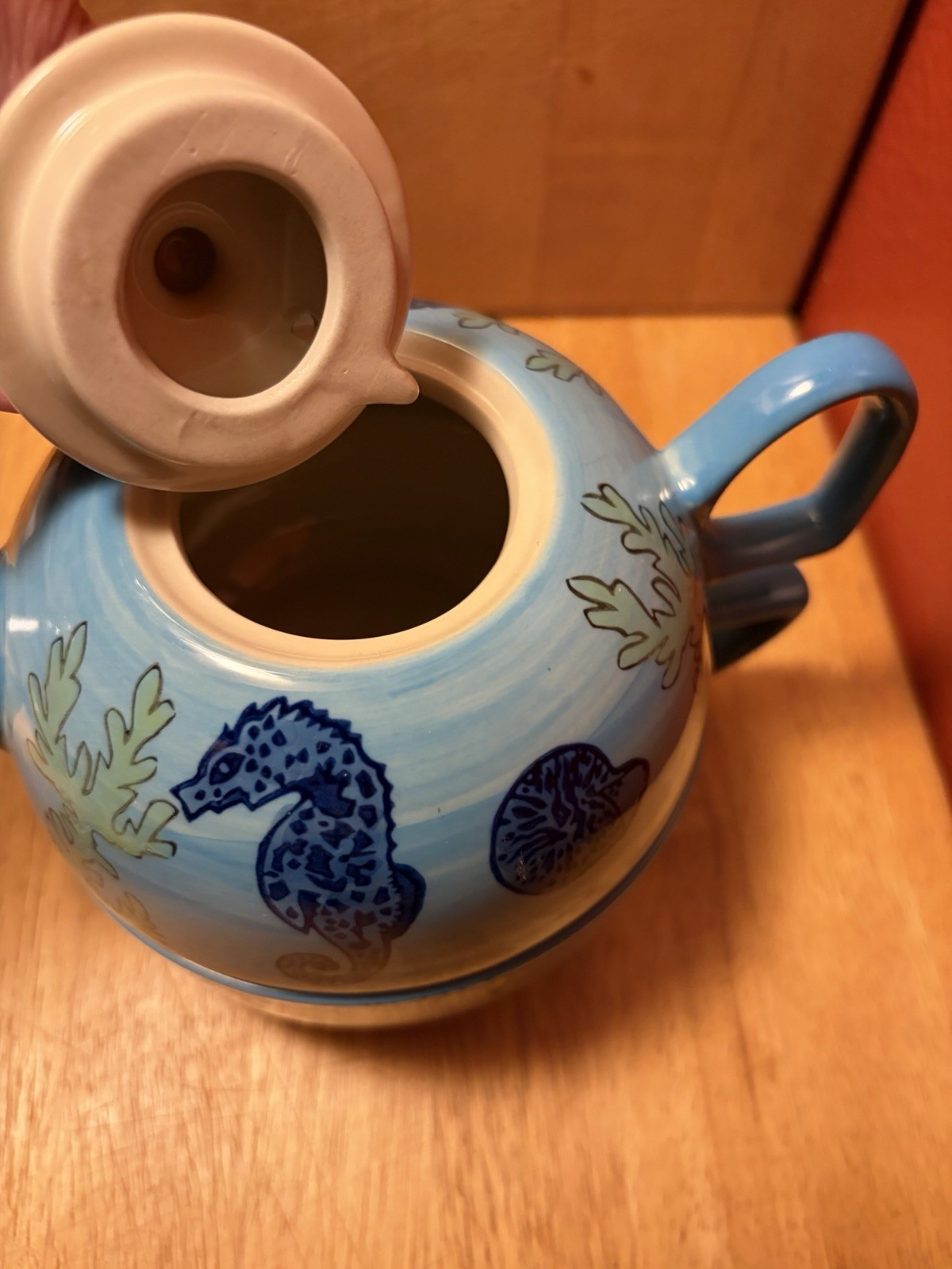 Yokohama Studio Hand Painted Blue/White Seahorse Ceramic Teapot w/ Lid Glossy