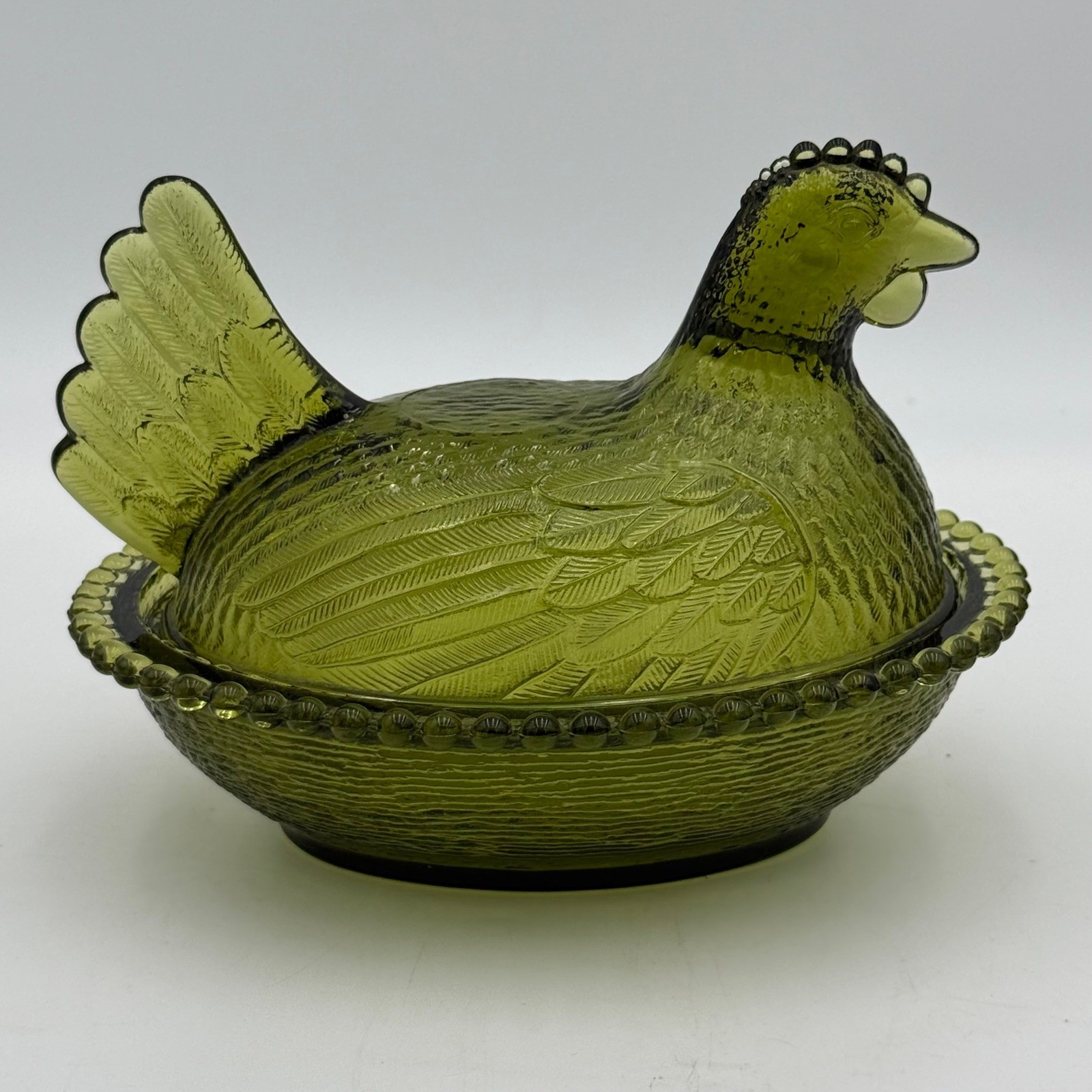 Vintage Olive Green Glass Hen on Nest Covered Candy Dish Farmhouse Decor 5.5in