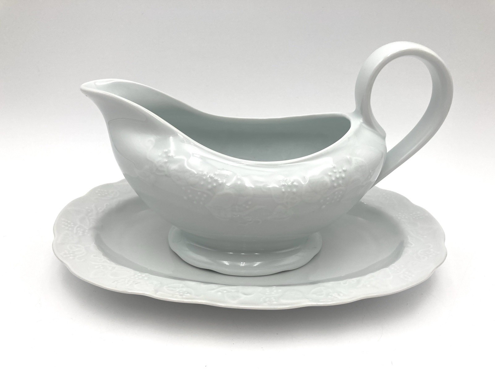 Dansk Gravy Boat & 10” Tray Ivy Embossed Fruit and Leaves White 2 Pc Vtg Set