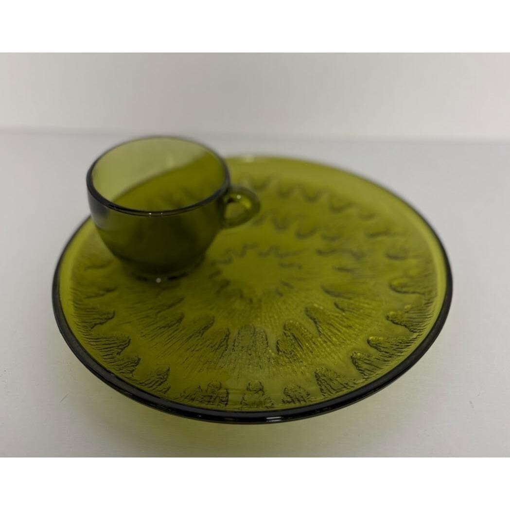 One Set of Vintage Indiana Glass Green Sunburst Snack Set Cup and Plate