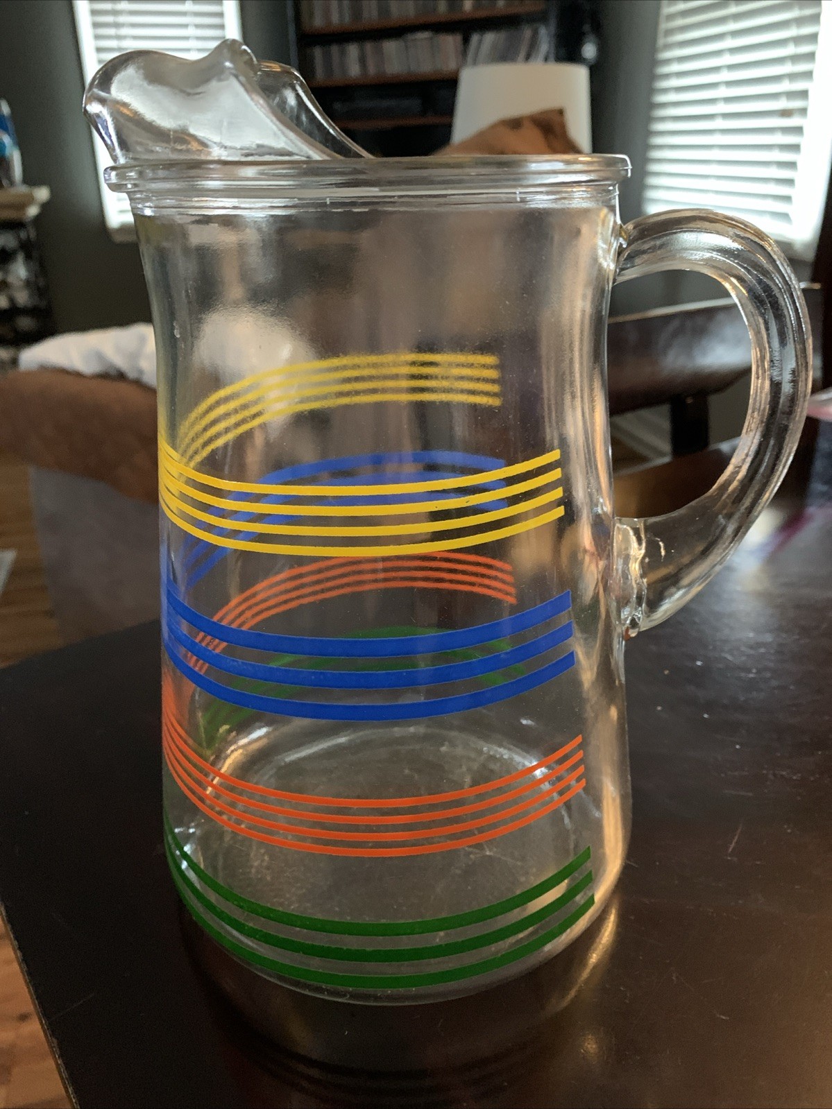 Vintage Anchor MCM Hocking Rainbow Stripe Fiesta GLASS PITCHER Primary Colors 9”