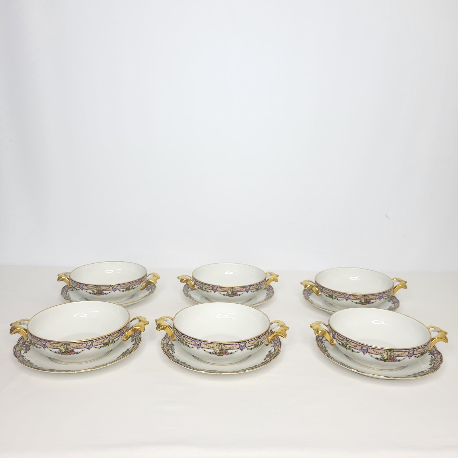 Set of 6 WG & Co Limoges France Floral Porcelain Cream Soup Bowls and Saucers