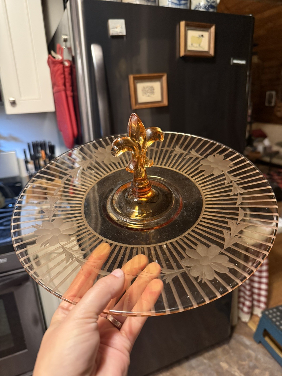 Vtg. Fostoria Etched Amber Glass Sandwich Tidbit Tray Fleur des Lis handle