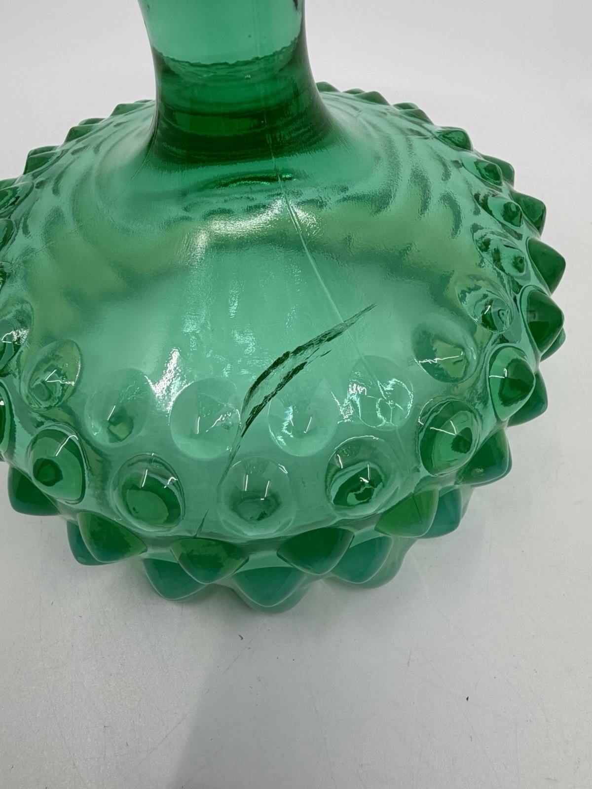 Vtg Fenton 1959 Emerald Green Opalescent Hobnail Lidded Candy Bowl Crack Glows