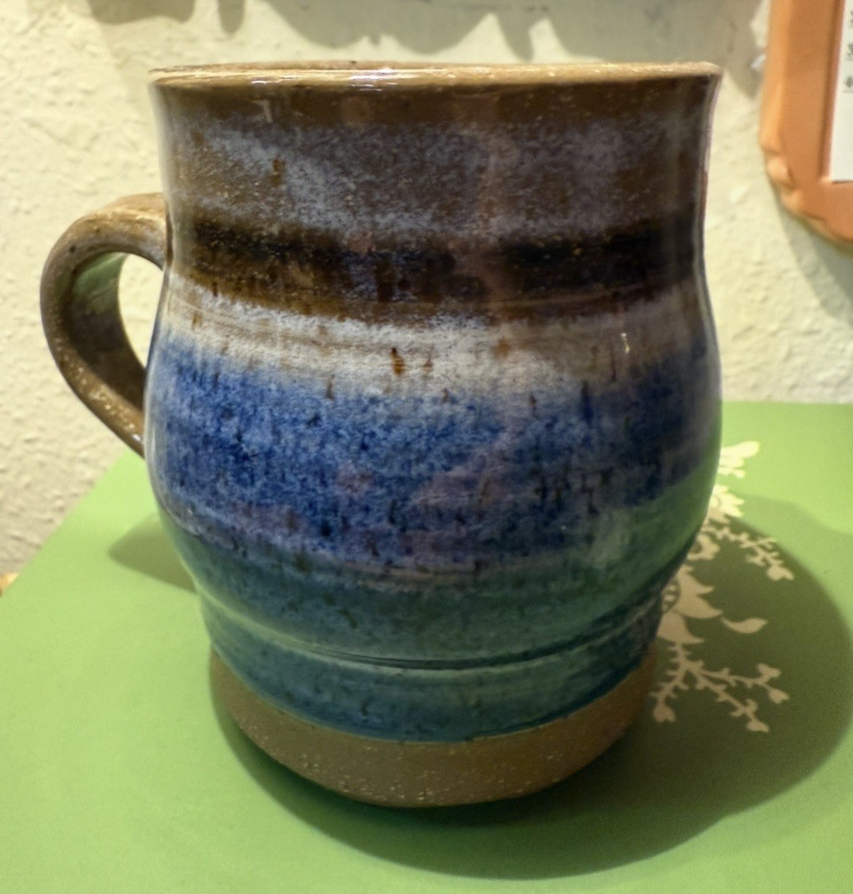 Studio Pottery Funny Ugly Face Coffee Mug Artist Signed Folk Art Blue gift