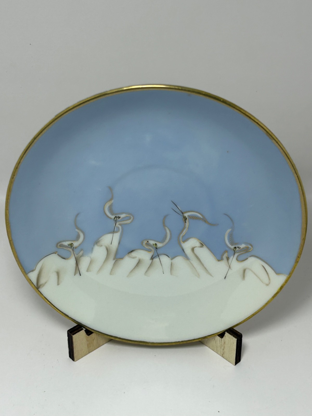 Set 4 Vintage Victory Shofu 5.75″ Crane Bird Plates Saucers Japan Blue White