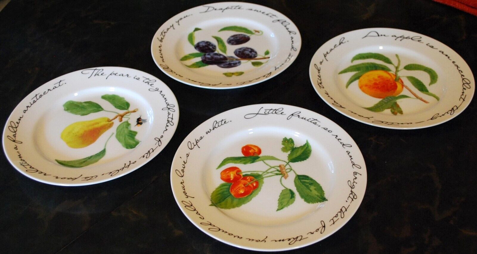 Vintage Set 4 ORCHARD SUITE Williams Sonoma Dessert Plates FRUIT/POETRY 7 7/8″