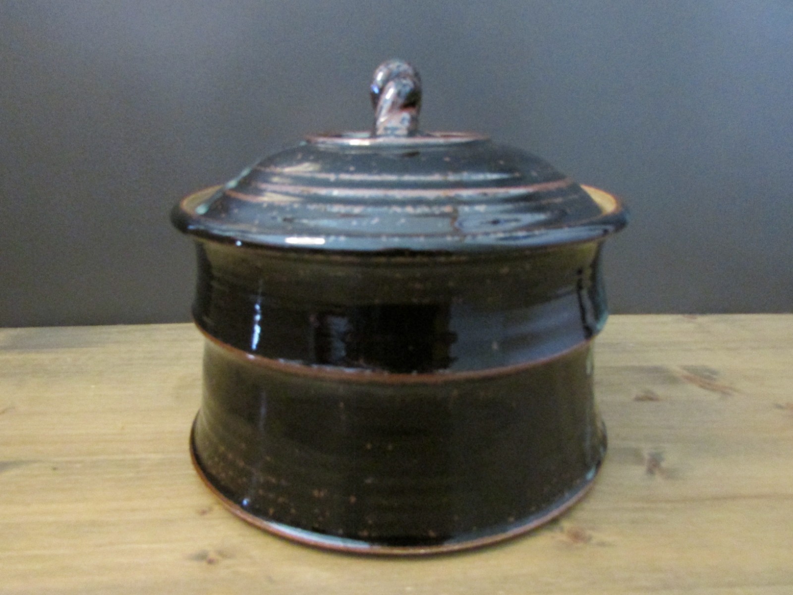 Handmade Studio Pottery Covered Serving Dish Black/Blue/Brown Glaze Stoneware