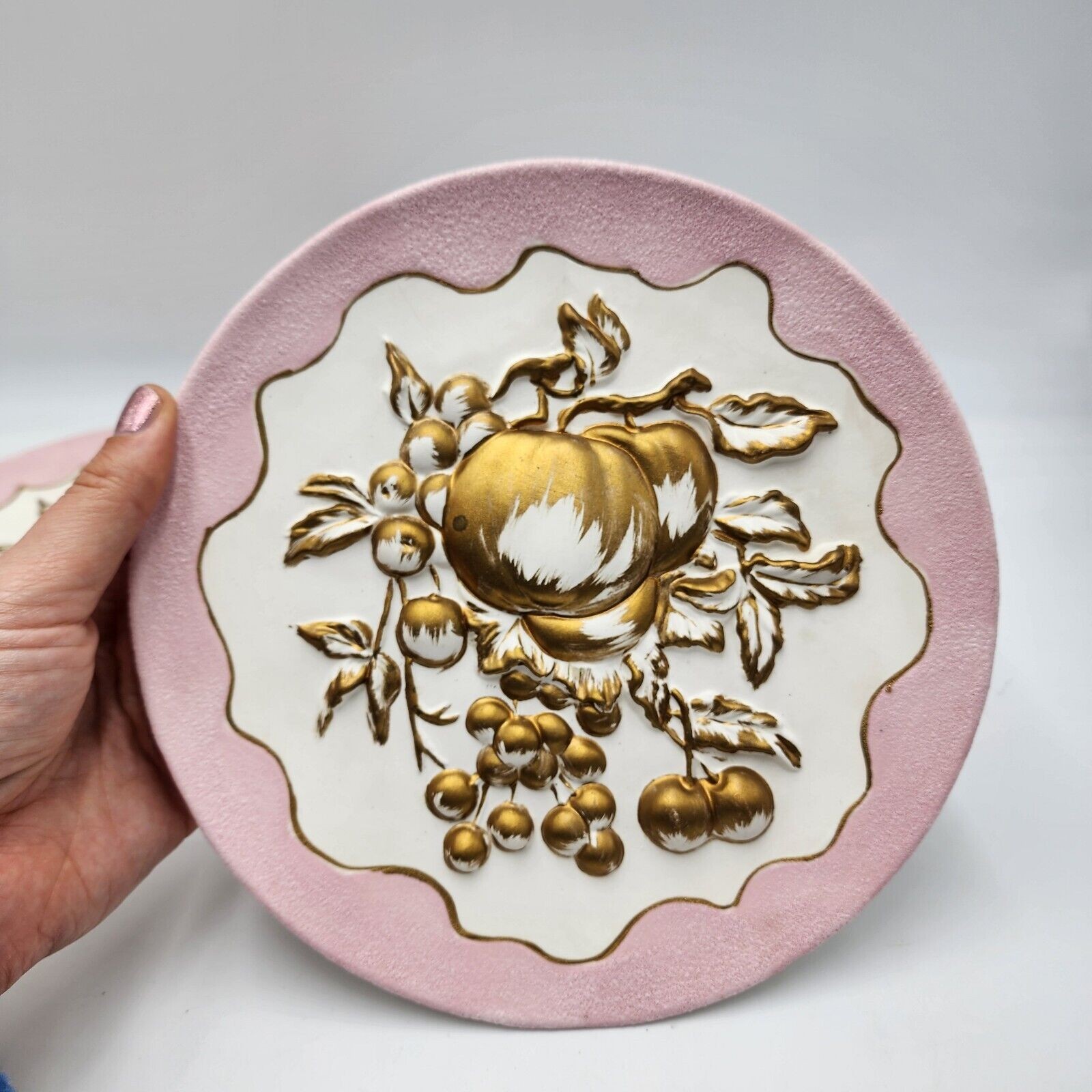Vintage Set Of 2 Japan Hanging Wall Plates With Pink Gold Dimensional Fruit