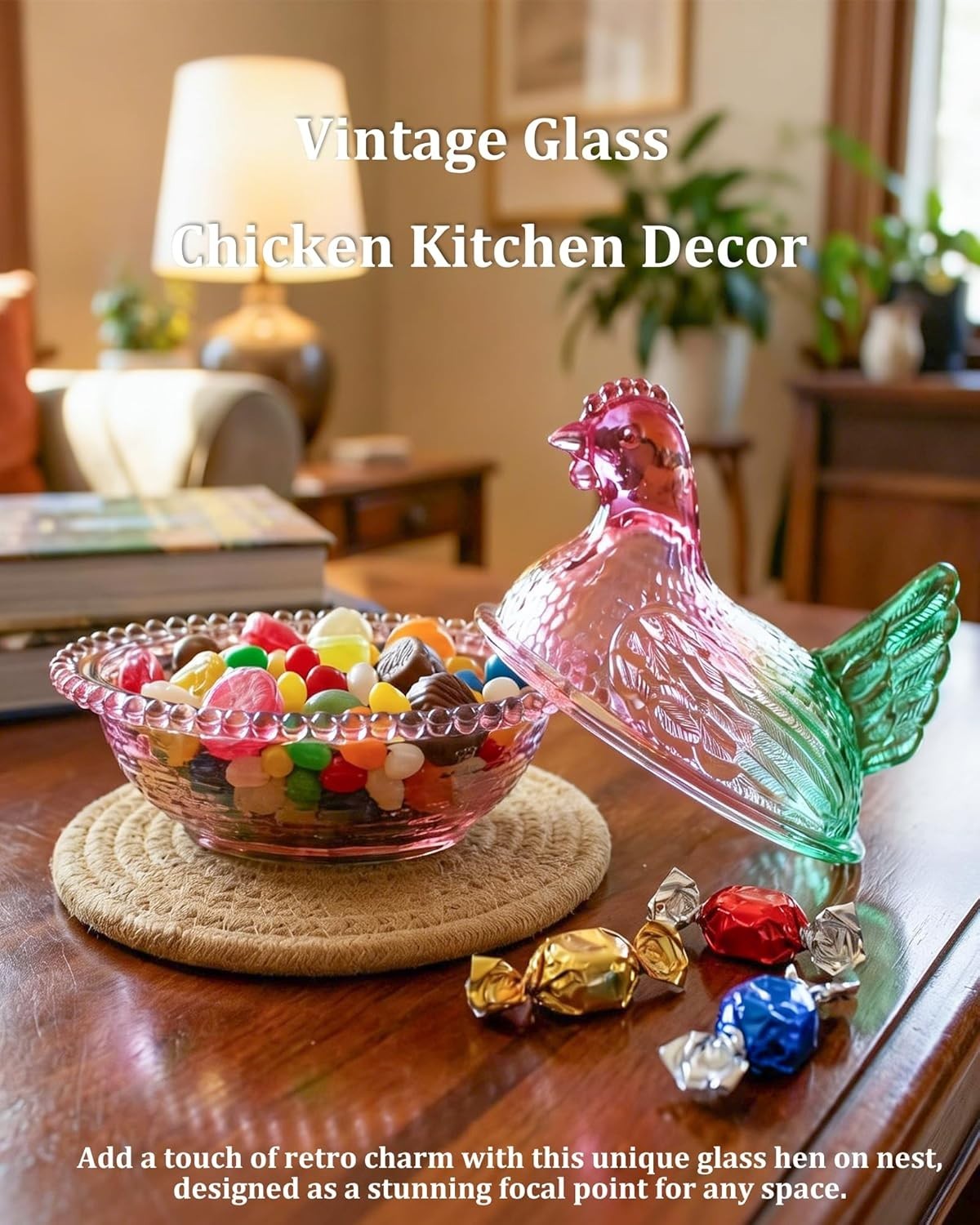 Glass Hen on Nest Candy Dish with Lid Pedestal Bowl Decor