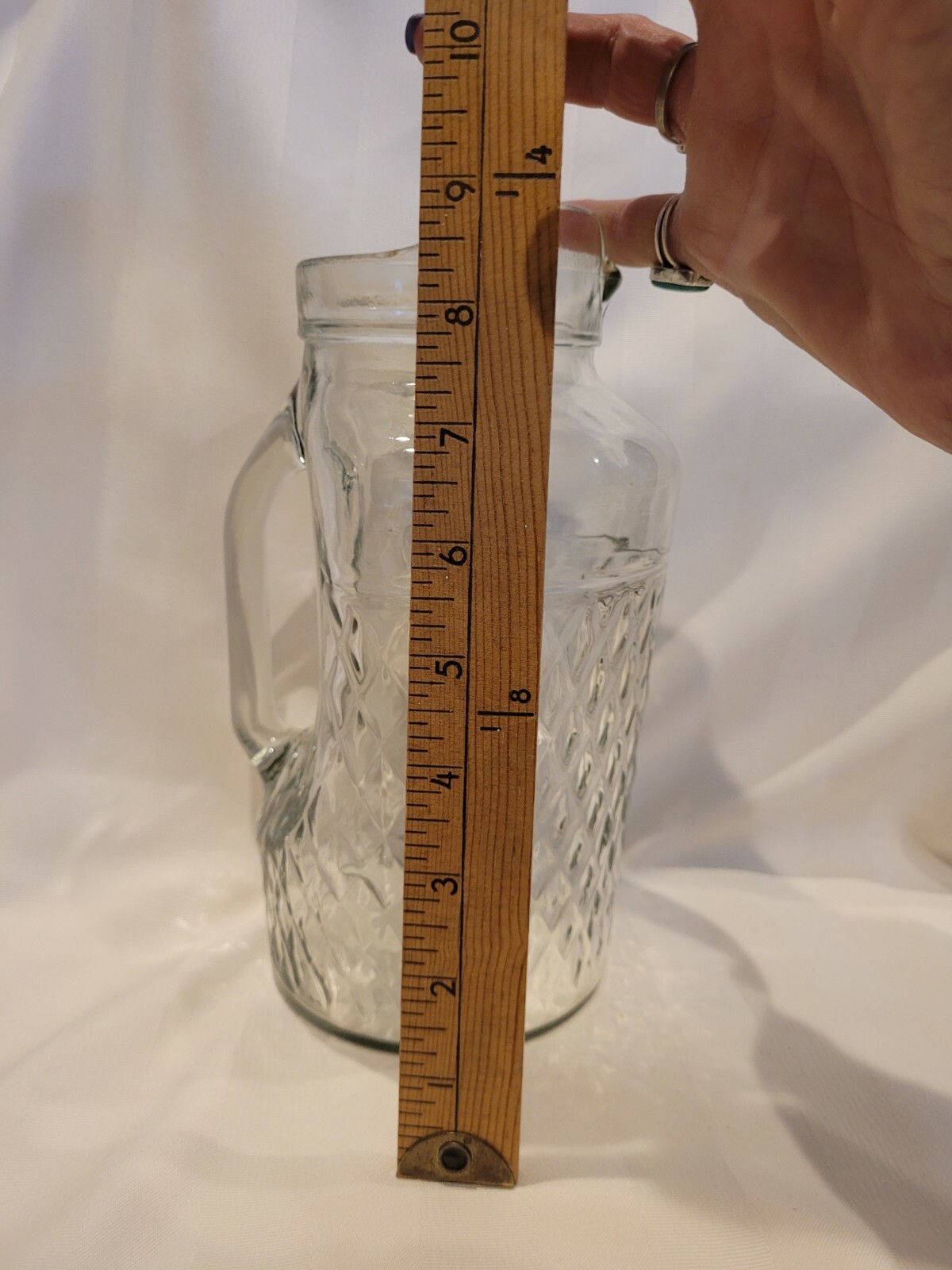 Vintage Juice Pitcher Mid-Century Diamond Pattern Clear Recessed Handle