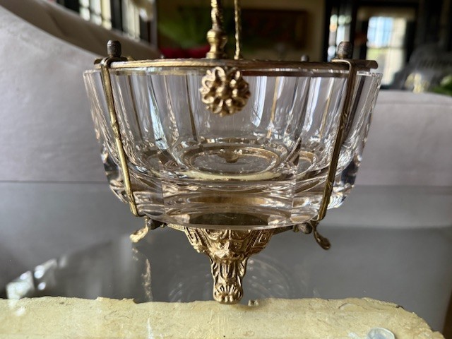 Rare Handled French Octagon Beveled Lead Crystal Gilt Bronze Bowl Griffin Feet