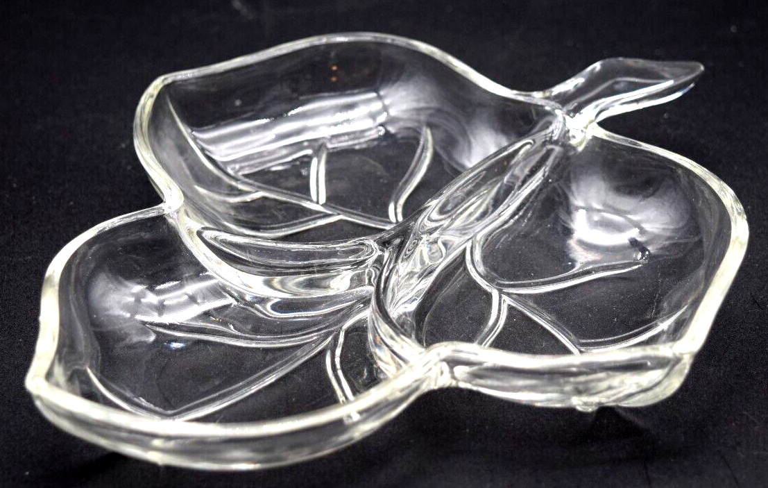 Vintage 8 In Maple Leaf Pattern Clear Glass Three Section Divided Candy Nut Dish