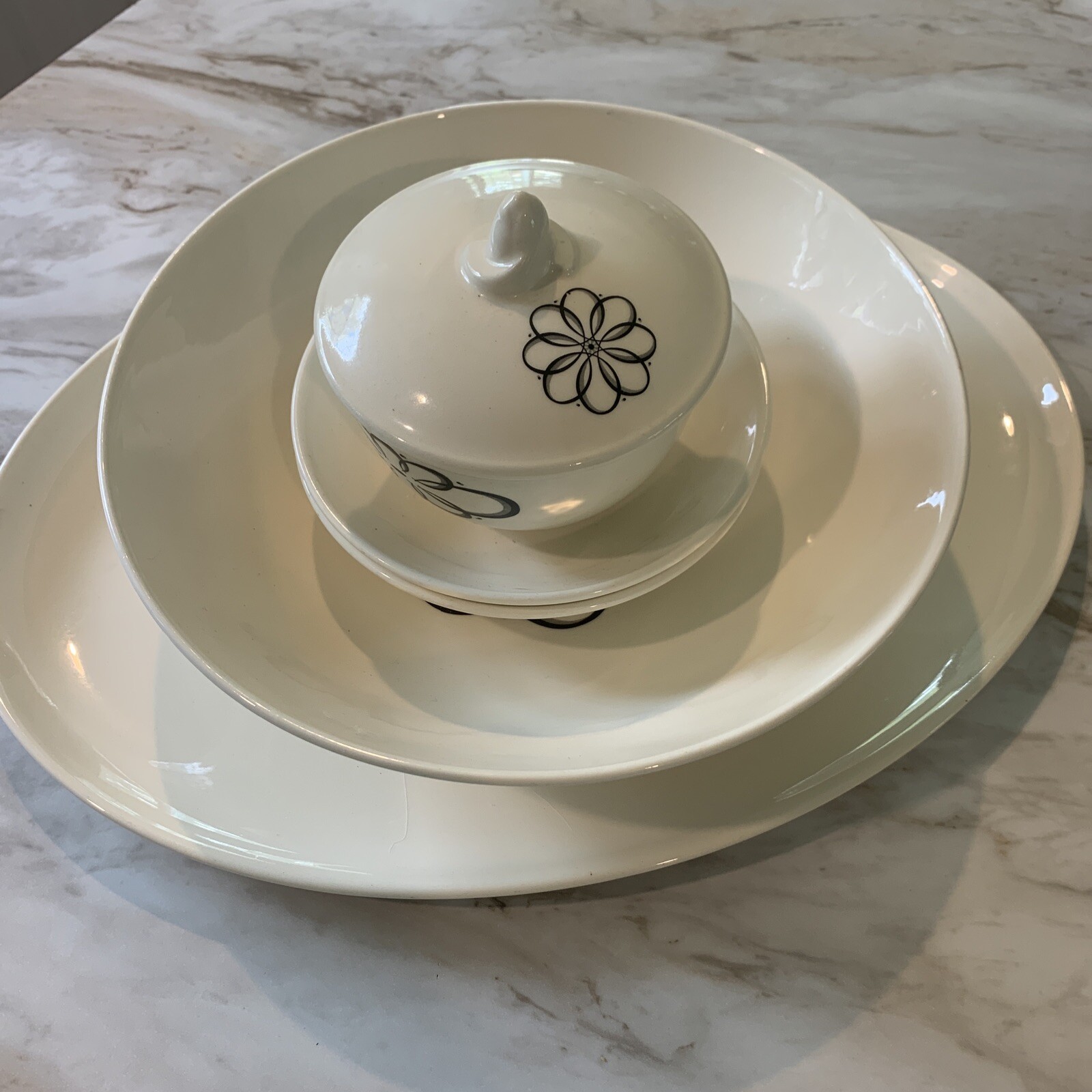 Taylor Smith Taylor Spencerian Scroll Platter Veg. And Berry Bowls Sugar Bowl