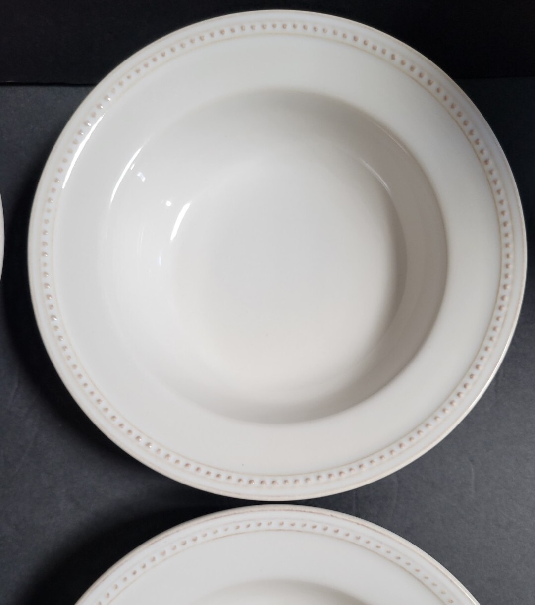 Set of 4 Sur La Table Large Rimmed Pasta Bowl 8 3/4” Beaded Edge Ivory UNUSED