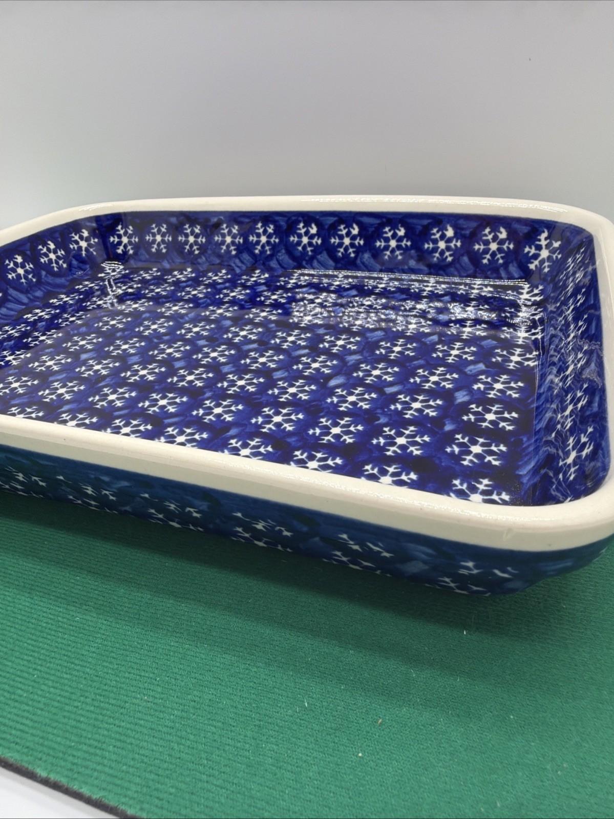 Vintage Polish Pottery Boleslawiec Blue Snowflake Rectangular Stoneware Dish
