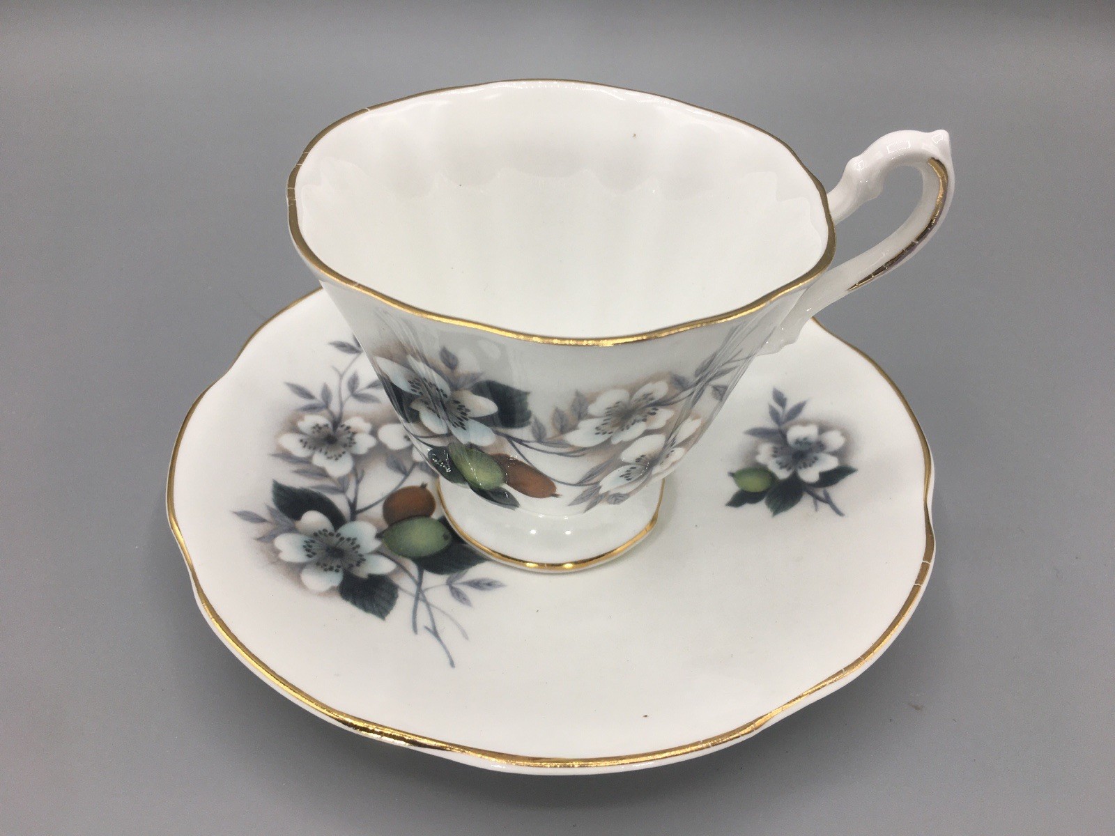 Wildflower Royal Dover Bone China White Floral Teacup & Saucer Vintage England