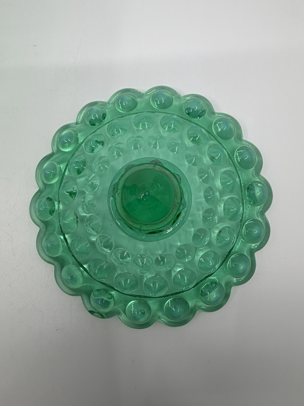 Vtg Fenton 1959 Emerald Green Opalescent Hobnail Lidded Candy Bowl Crack Glows